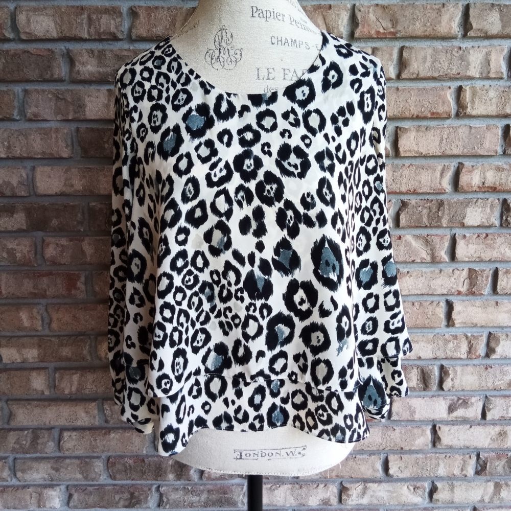 Zara Basic Animal Print Long Sleeve Tiered Blouse.